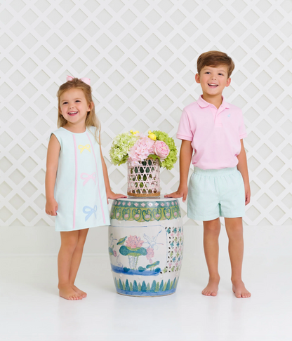 TBBC Annie Apron Dress Sea Island Seafoam & Bow Appliques with Palm Beach Pink - Knit