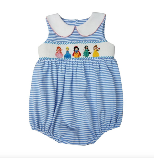Delaney Girls Princess Smocked Bubble - Blue White Mini Stripe Sleeveless