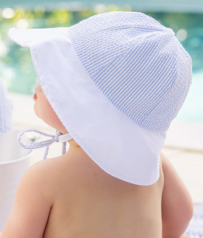 TBBC Sawyer Sun Hat Breakers Blue Seersucker with Worth Avenue White
