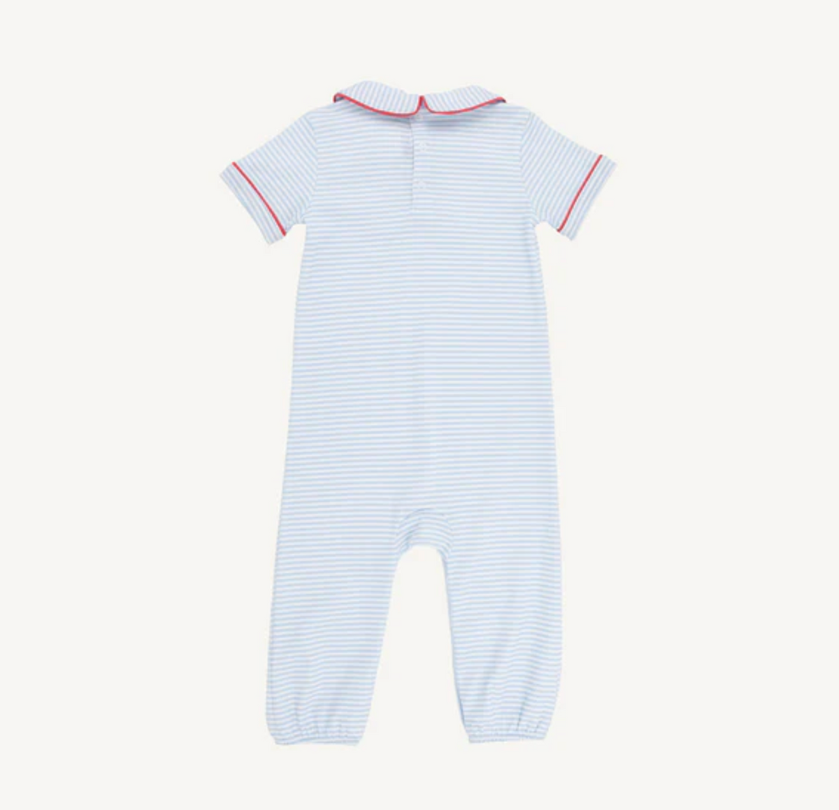 TBBC Benny Button Romper Beale St. Blue Stripe with Red