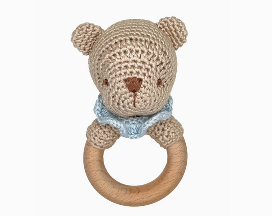 Blue Bear Bamboo Crochet Woodring 5" Rattle
