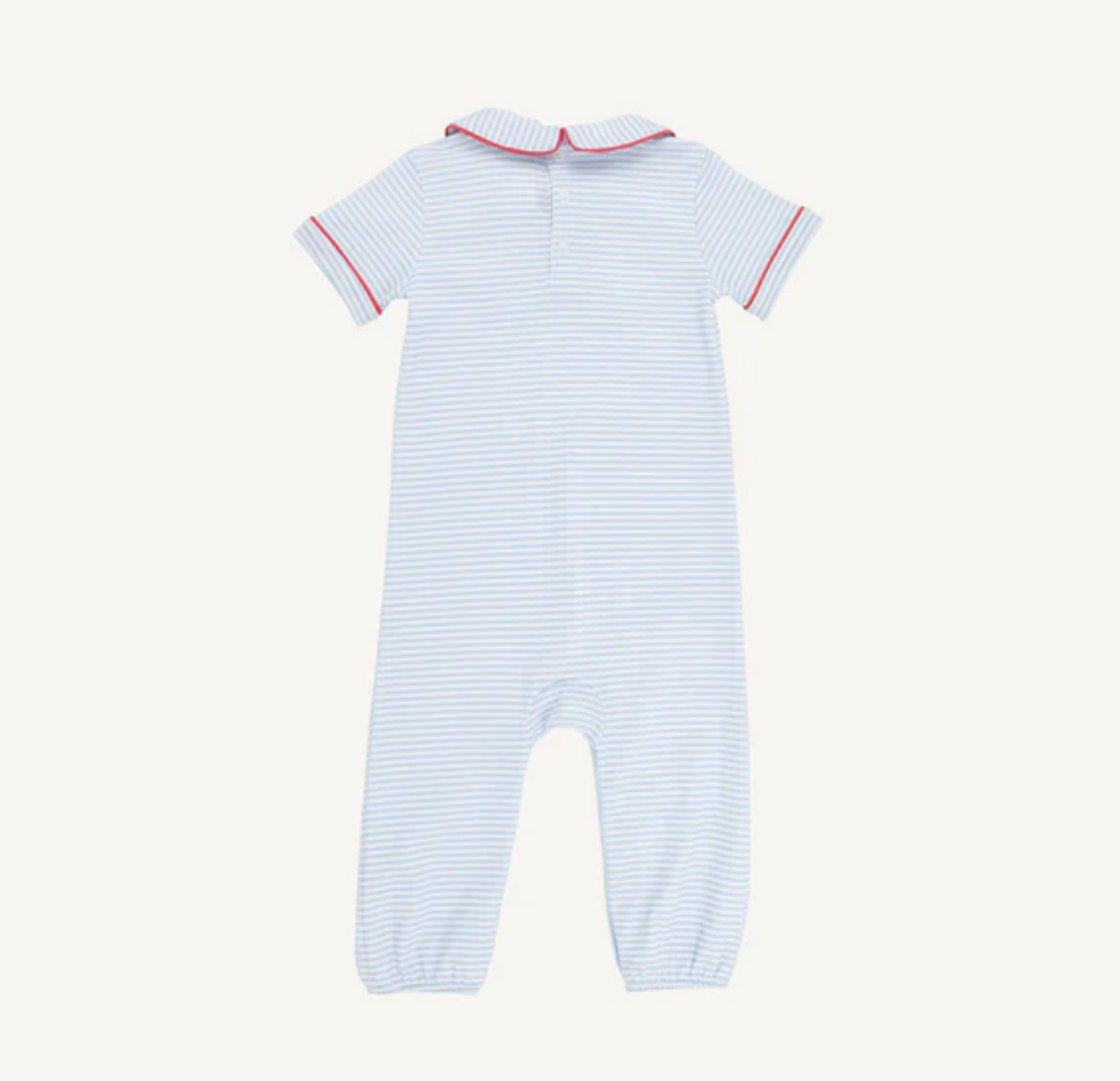 TBBC Benny Button Romper Beale St. Blue Stripe with Red