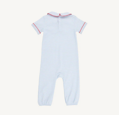 TBBC Benny Button Romper Beale St. Blue Stripe with Red