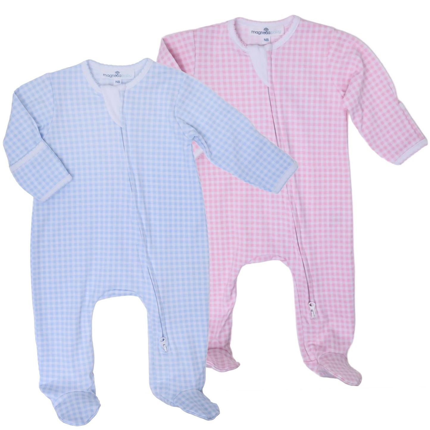 MB Mini Checks Zip Footie (Blue or Pink)