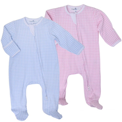 MB Mini Checks Zip Footie (Blue or Pink)