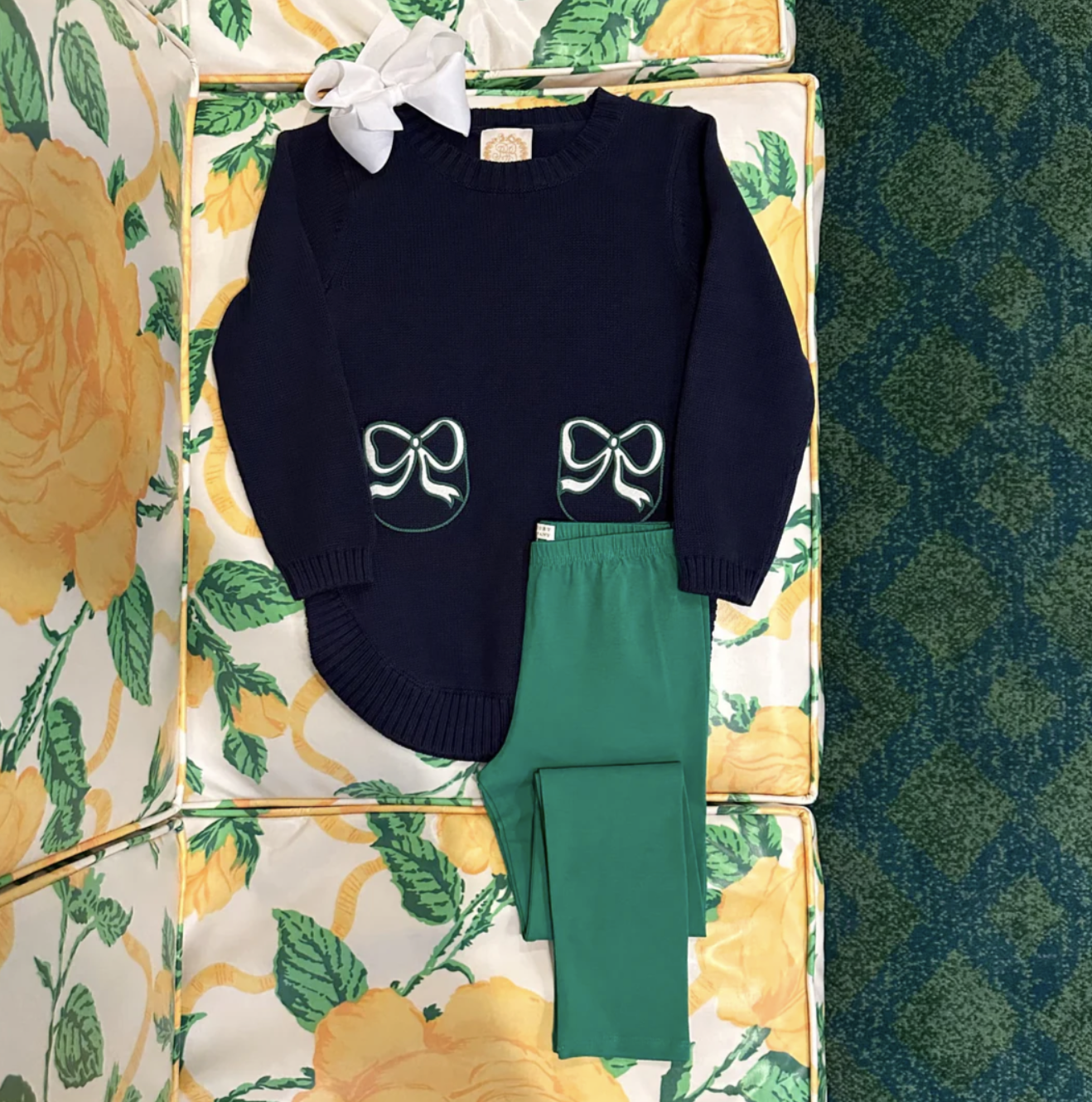 TBBC Terrell Tunic Nantucket Navy with Palmetto Pearl & Kiawah Kelly Green Bows