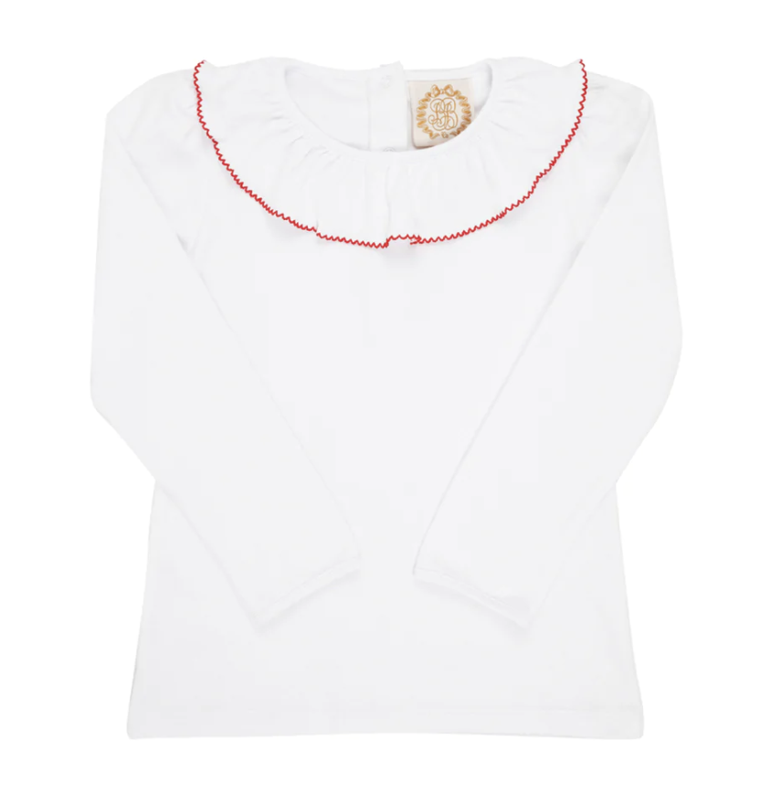 TBBC LS Ramona Ruffle Collar Shirt White with Red
