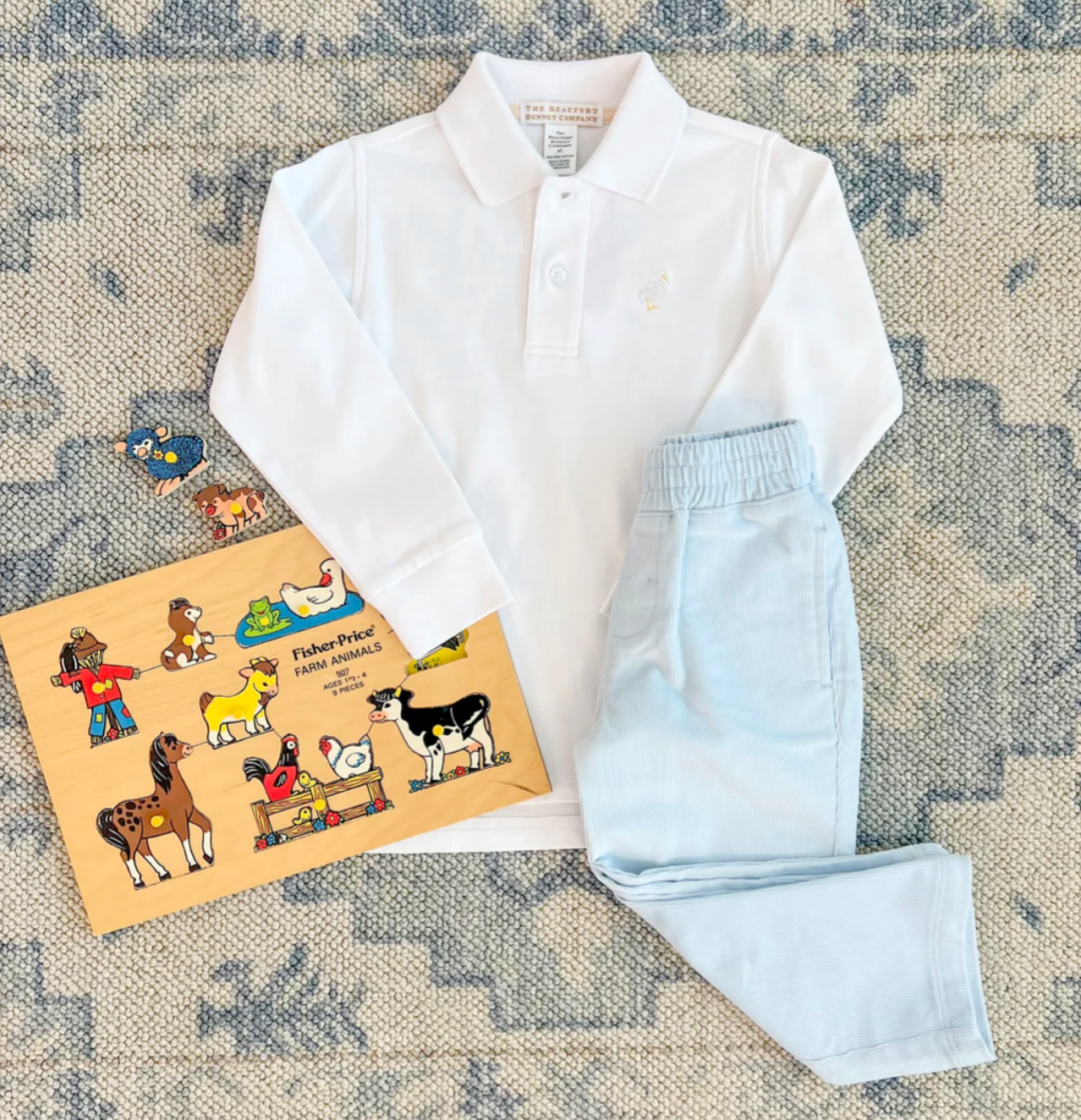 TBBC Long Sleeve Prim & Proper Polo & Onesie Worth Avenue White with Multicolor Stork