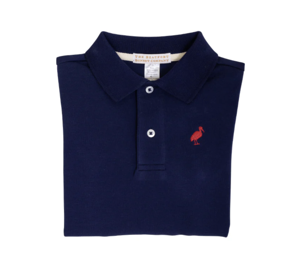 TBBC Long Sleeve Prim & Proper Polo & Onesie Nantucket Navy with Richmond Red Stork
