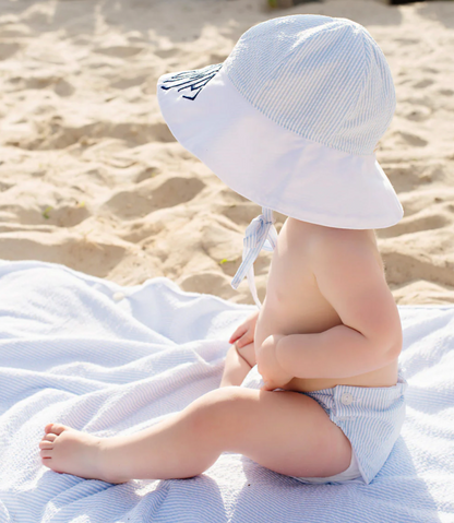 TBBC Sawyer Sun Hat Breakers Blue Seersucker with Worth Avenue White