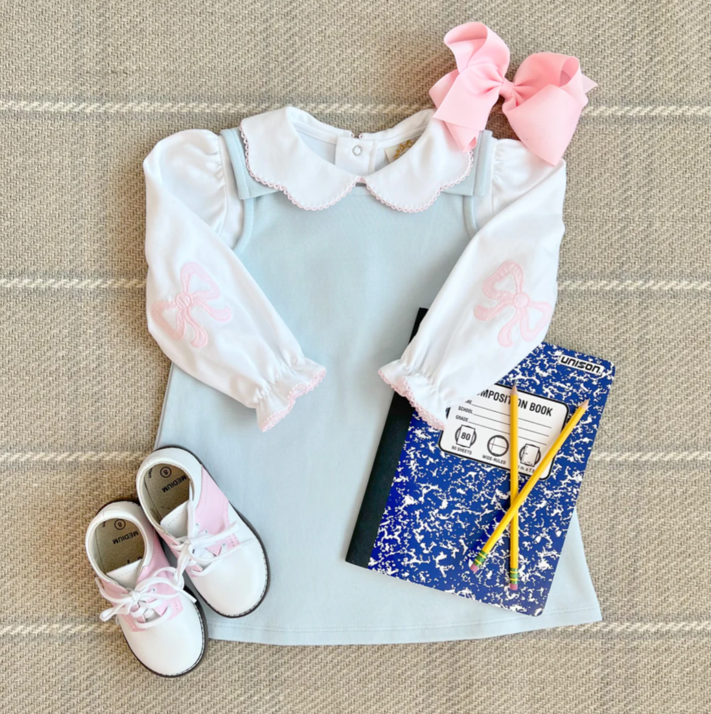 TBBC Emmas Elbow Patch Top/Onesie White PBP Pink Bows