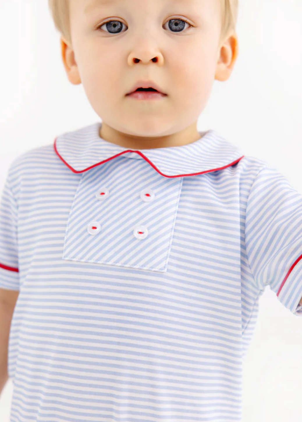 TBBC Benny Button Romper Beale St. Blue Stripe with Red