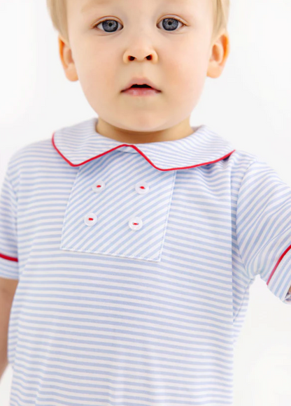 TBBC Benny Button Romper Beale St. Blue Stripe with Red