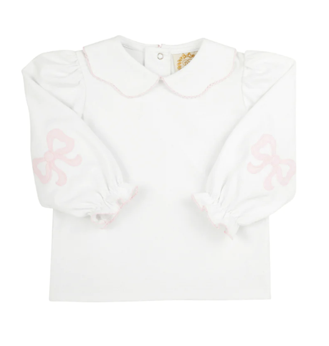 TBBC Emmas Elbow Patch Top/Onesie White PBP Pink Bows