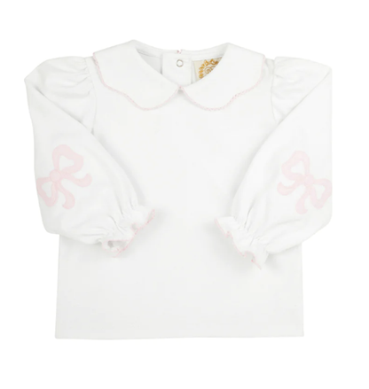 TBBC Emmas Elbow Patch Top/Onesie White PBP Pink Bows