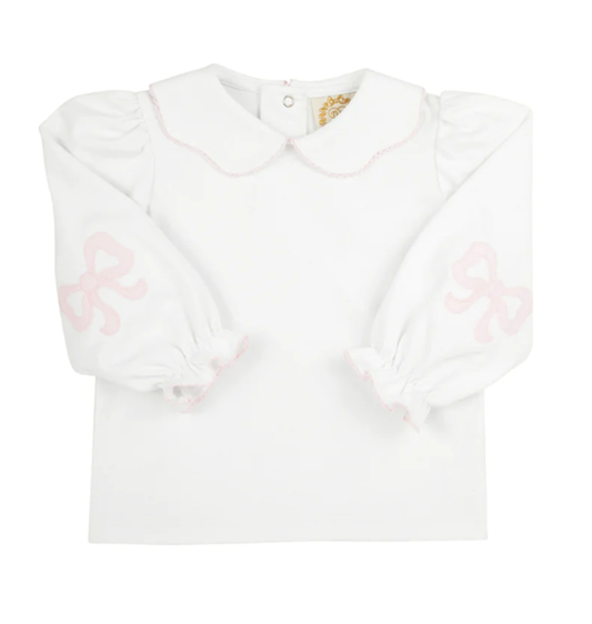 TBBC Emmas Elbow Patch Top/Onesie White PBP Pink Bows