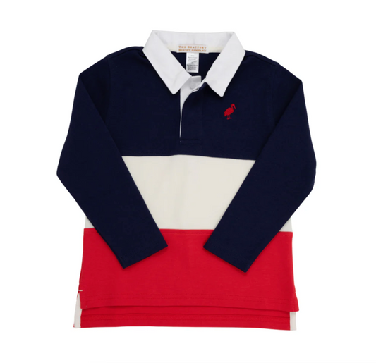 TBBC Rollins Rugby Shirt Nantucket Navy, Pearl, and  Red