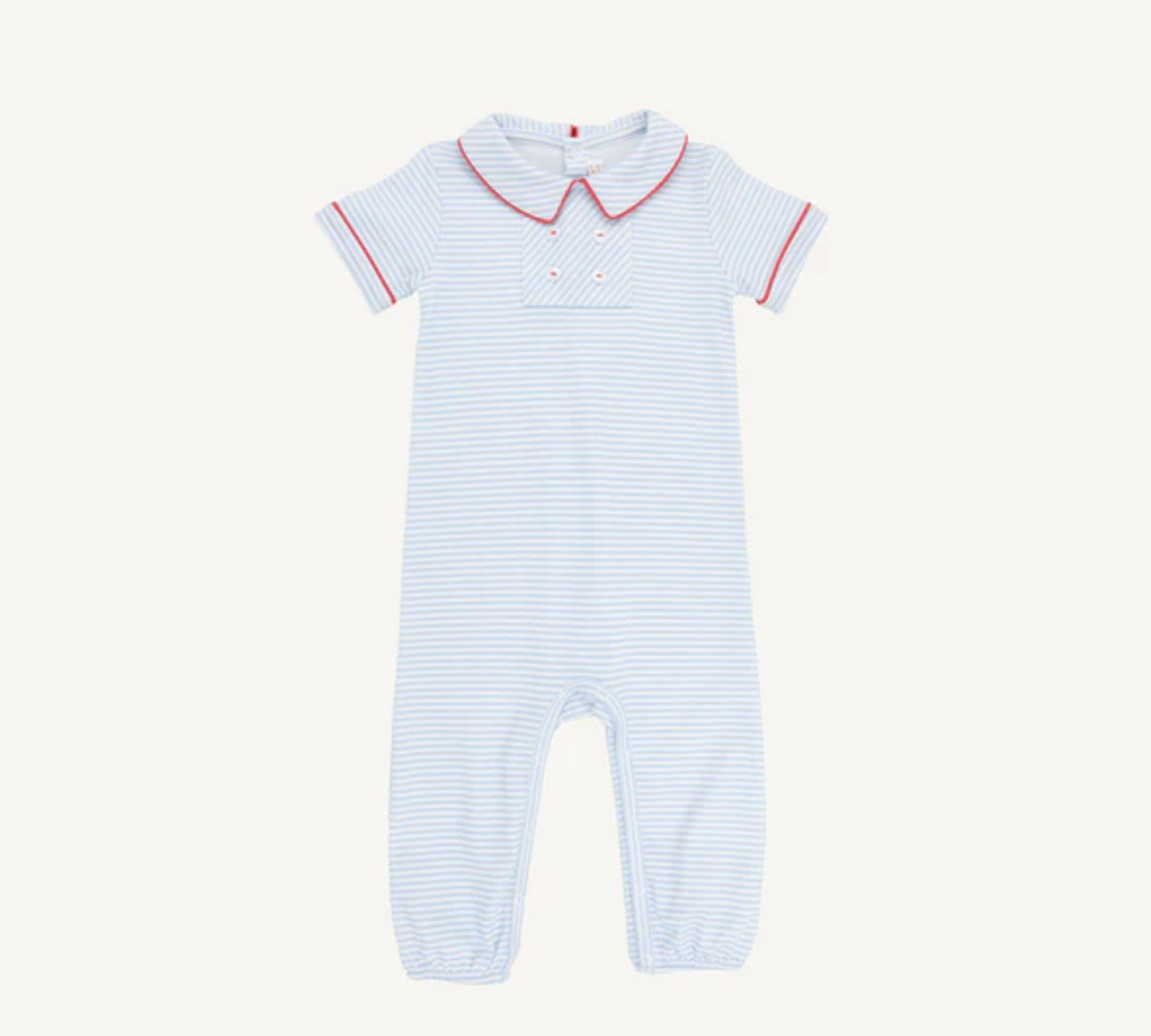 TBBC Benny Button Romper Beale St. Blue Stripe with Red