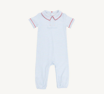 TBBC Benny Button Romper Beale St. Blue Stripe with Red