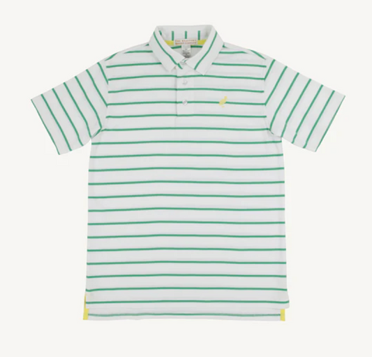 TBBC Gibson Island Green Stripe Prim & Proper Polo, Yellow Stork