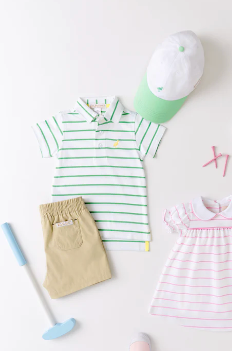 TBBC Gibson Island Green Stripe Prim & Proper Polo, Yellow Stork