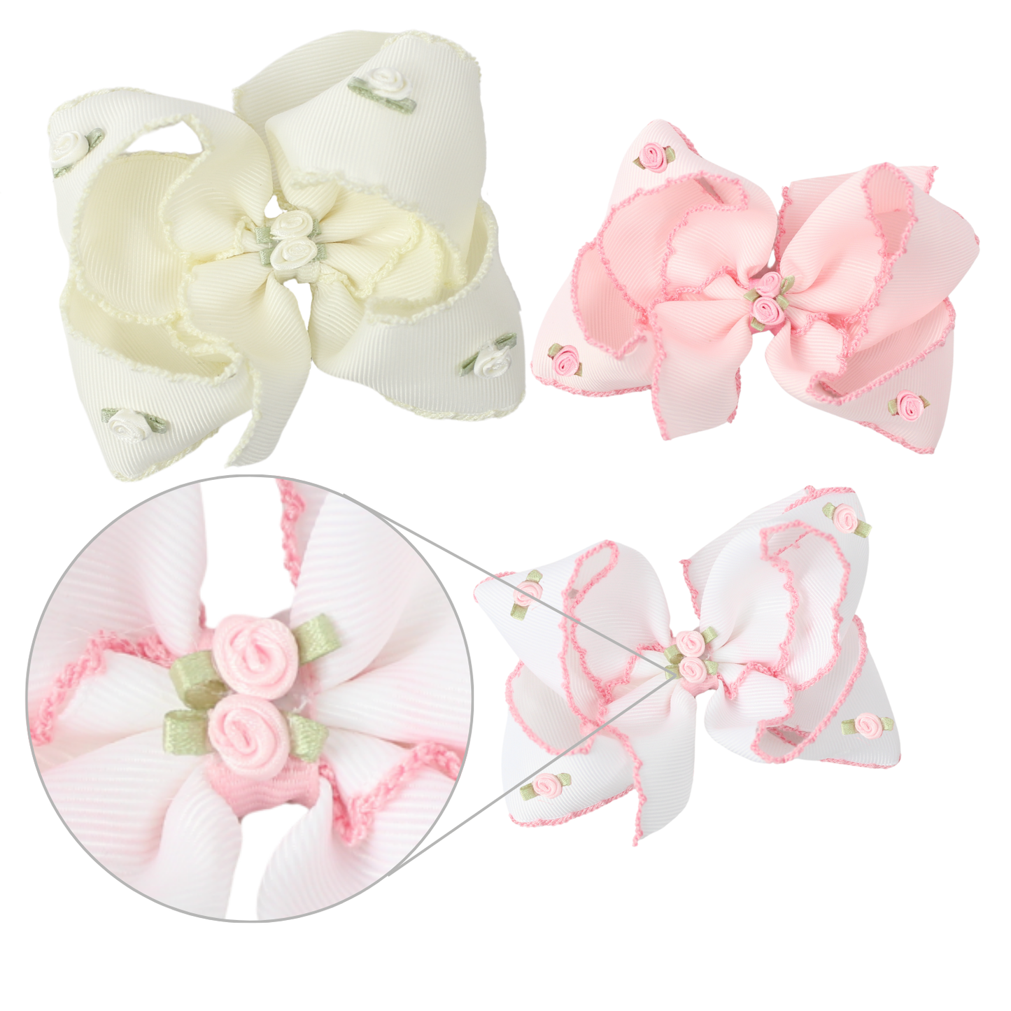 Flower Embellished Crochet Edge Bow 5.5"  - Beyond Creations