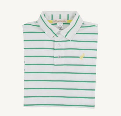 TBBC Gibson Island Green Stripe Prim & Proper Polo, Yellow Stork