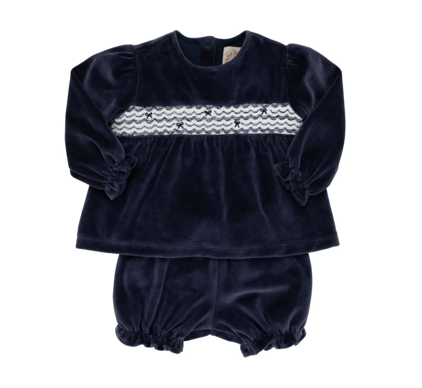 TBBC Smocked Bon Air Bloomer Set (Velour) Nantucket Navy with Worth Avenue White