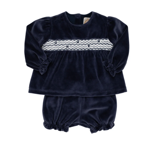 TBBC Smocked Bon Air Bloomer Set (Velour) Nantucket Navy with Worth Avenue White