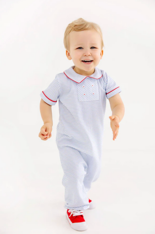 TBBC Benny Button Romper Beale St. Blue Stripe with Red