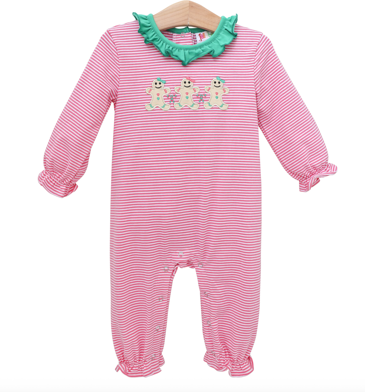 JB Sweet Christmas Treat Ruffle Romper - Gingerbread Applique