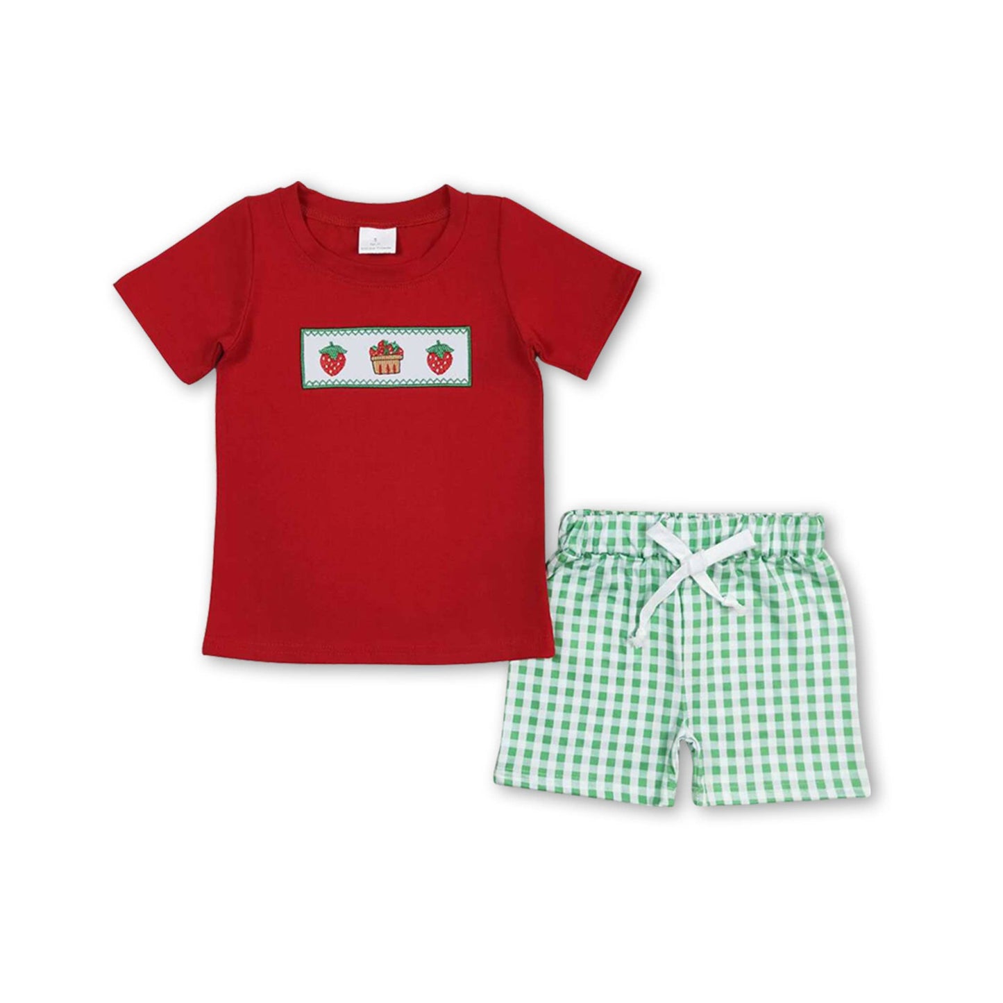 Strawberry embroidery top plaid shorts boys clothing