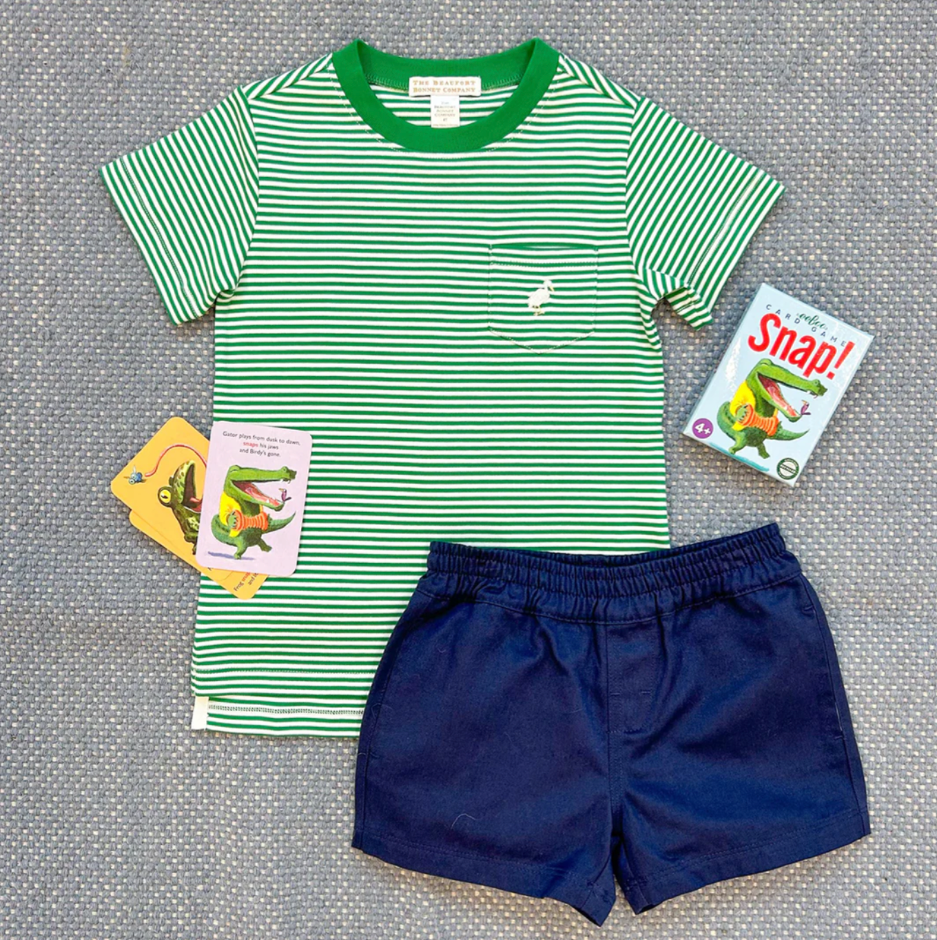 TBBC Carter Crewneck SS Kiawah Kelly Green Stripe with Multicolor Stork