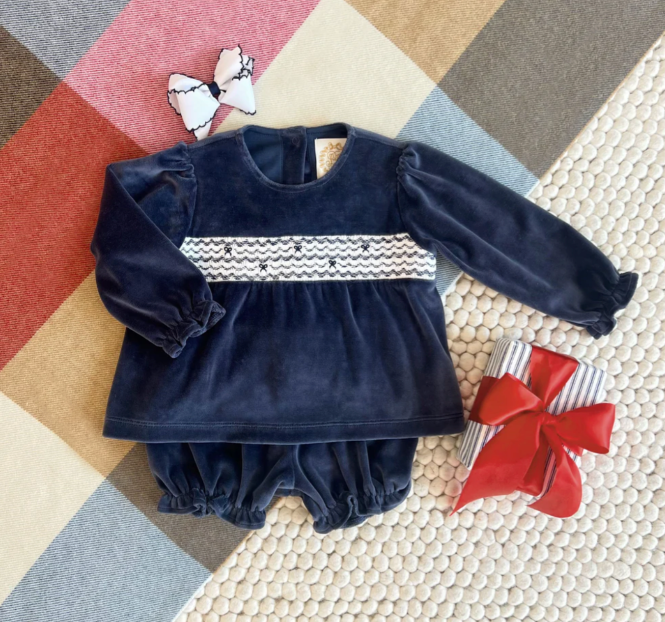 TBBC Smocked Bon Air Bloomer Set (Velour) Nantucket Navy with Worth Avenue White
