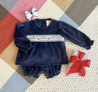 TBBC Smocked Bon Air Bloomer Set (Velour) Nantucket Navy with Worth Avenue White