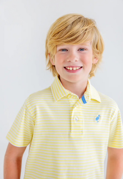 TBBC Lake Worth Yellow Stripe Prim & Proper Polo with Barbados Blue Stork