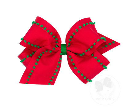 King Holiday Style Pom-Pom Edge Grosgrain Overlay Girls Hair Bow