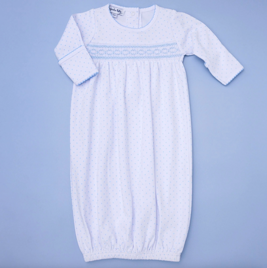 MB Mini Dots Blue Smocked Gathered Gown