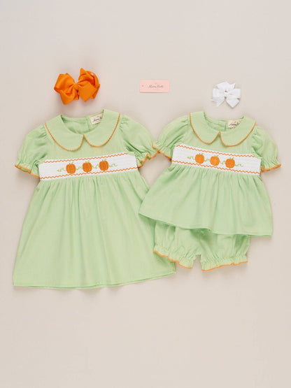 Smocked Embroidered Sweet Pea Pumpkin Bloomers Outfit
