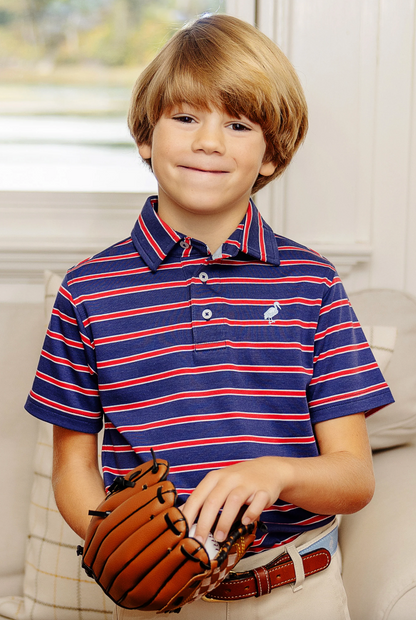 TBBC Prim & Proper Polo SS Navy/Red/BHB Stripe with BHB Stork