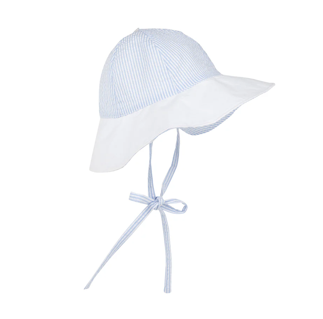 TBBC Sawyer Sun Hat Breakers Blue Seersucker with Worth Avenue White