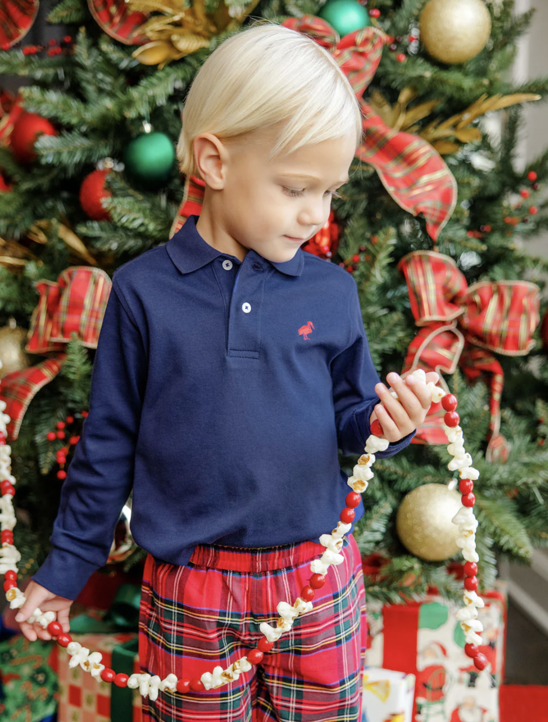TBBC Long Sleeve Prim & Proper Polo & Onesie Nantucket Navy with Richmond Red Stork