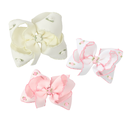 Flower Embellished Crochet Edge Bow 5.5"  - Beyond Creations