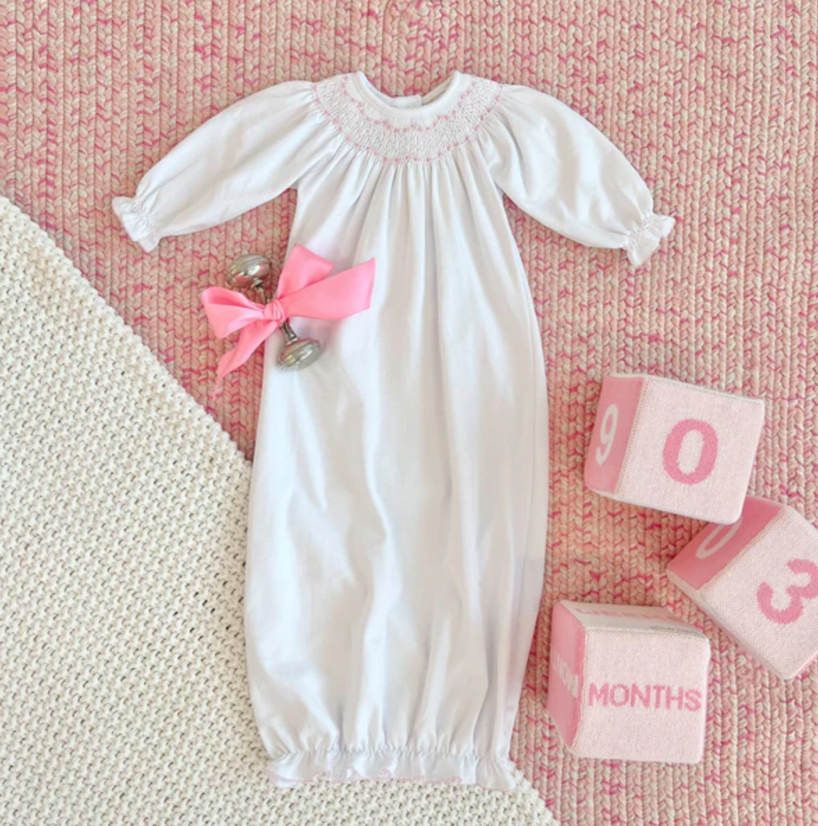 TBBC Sweetly Smocked Greeting Gown - White with Pink or Blue