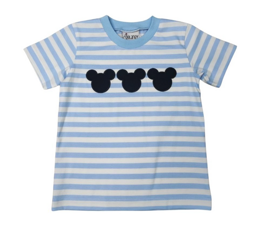 Delaney Boys Mouse Ear Shirt - Blue White Stripe with Applique