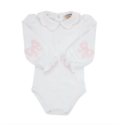TBBC Emmas Elbow Patch Top/Onesie White PBP Pink Bows