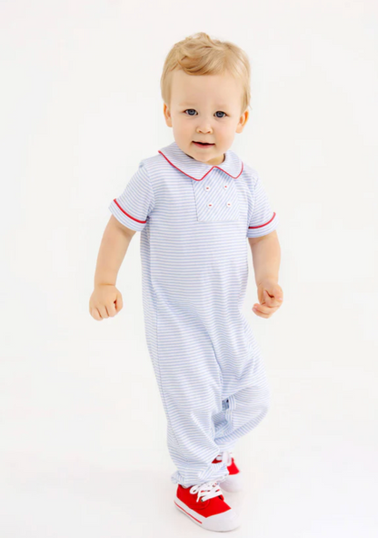 TBBC Benny Button Romper Beale St. Blue Stripe with Red
