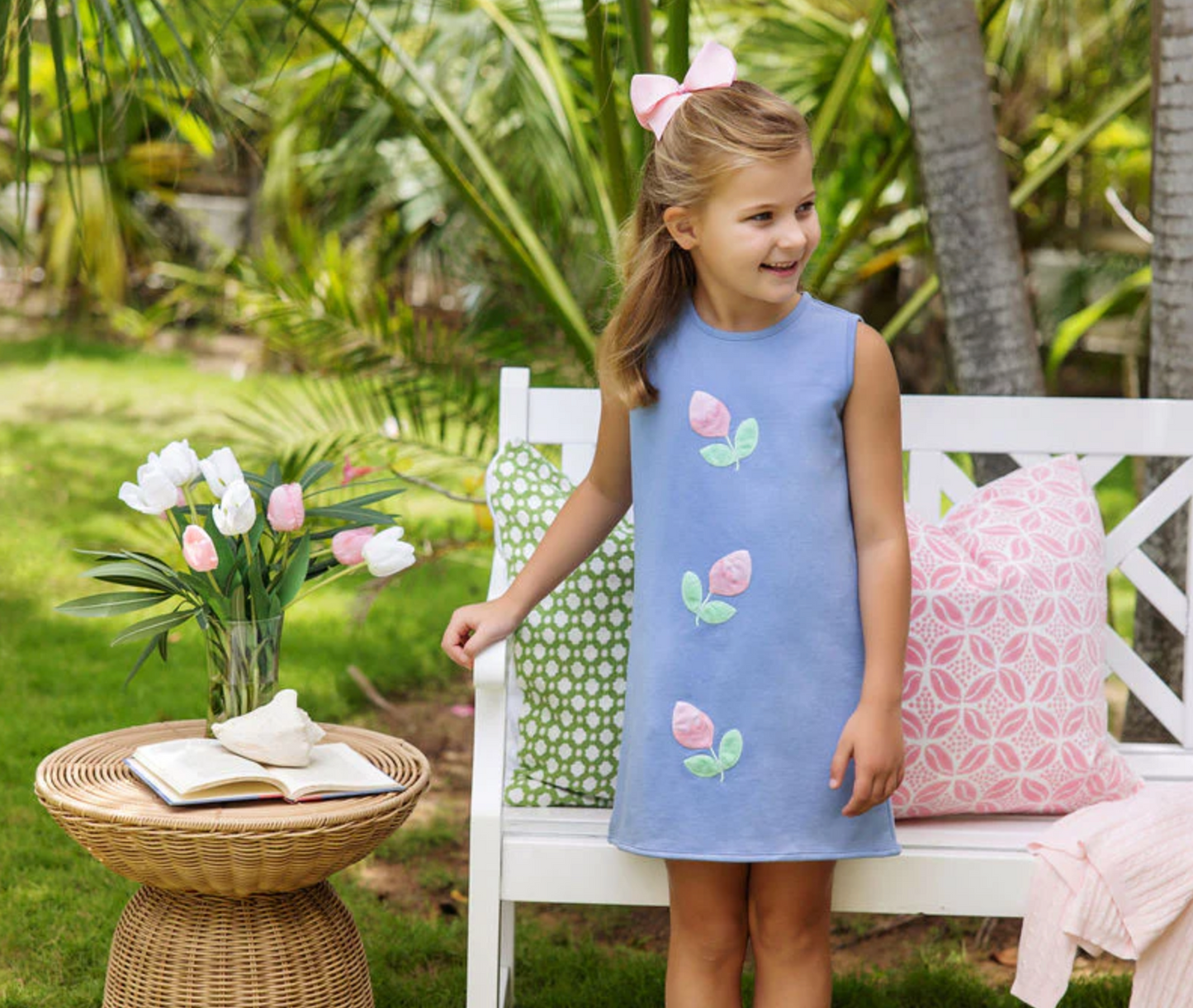 TBBC Annie Apron Dress- Roses Park City Periwinkle/ Palm Beach Pink