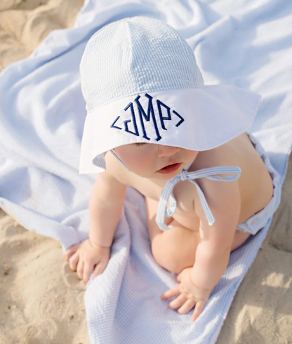 TBBC Sawyer Sun Hat Breakers Blue Seersucker with Worth Avenue White