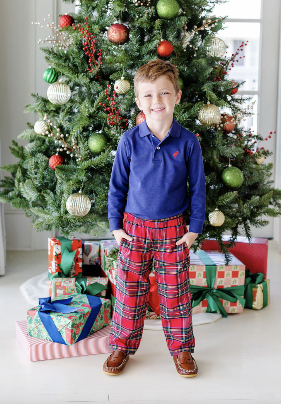 TBBC Long Sleeve Prim & Proper Polo & Onesie Nantucket Navy with Richmond Red Stork